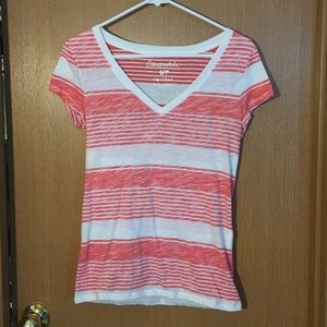 Peach Striped V-Neck Short Sleeve T-Shirt